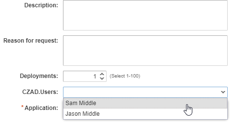 vRA request form with <code>CZAD.Users</code> populating