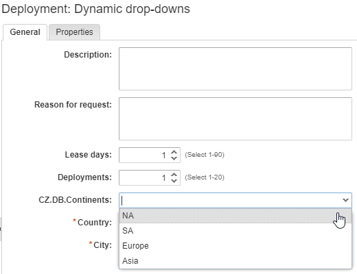 vRA request form with <code>CZ.DB.Continents</code>