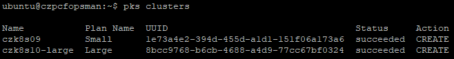 <code>pks clusters</code> output