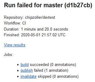 Pipeline failure email notification. The failure would be in the "build" job and not "publish" as shown above.