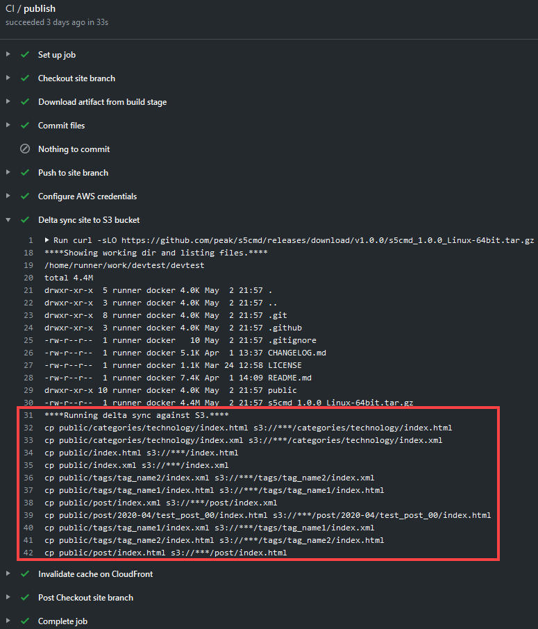 Publish job for a live blog post to a dev repo for testing. The name of the S3 bucket is redacted in the output because it's stored as a secret.