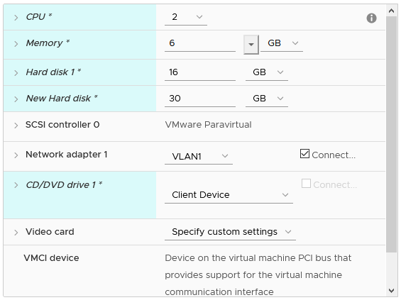 Harbor VM specs in the deployment wizard