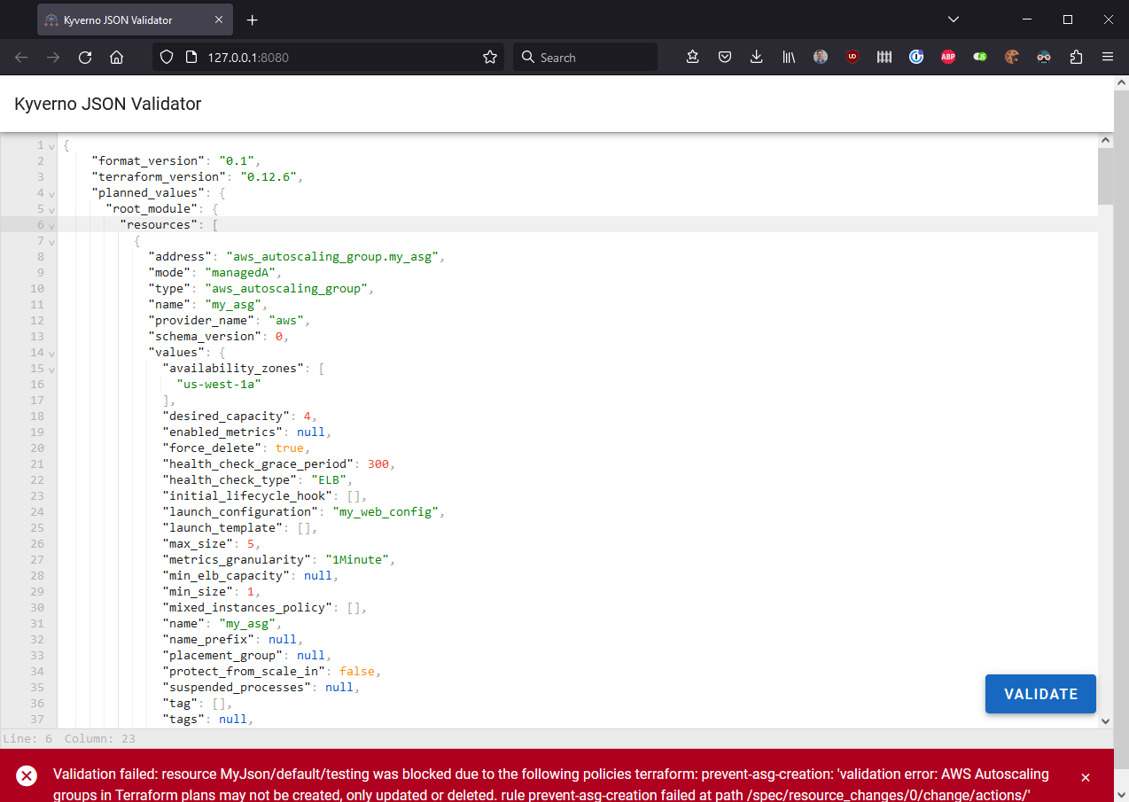 Failure when performing a validation in the json-validator UI results in relaying the message written in the matching Kyverno policy.