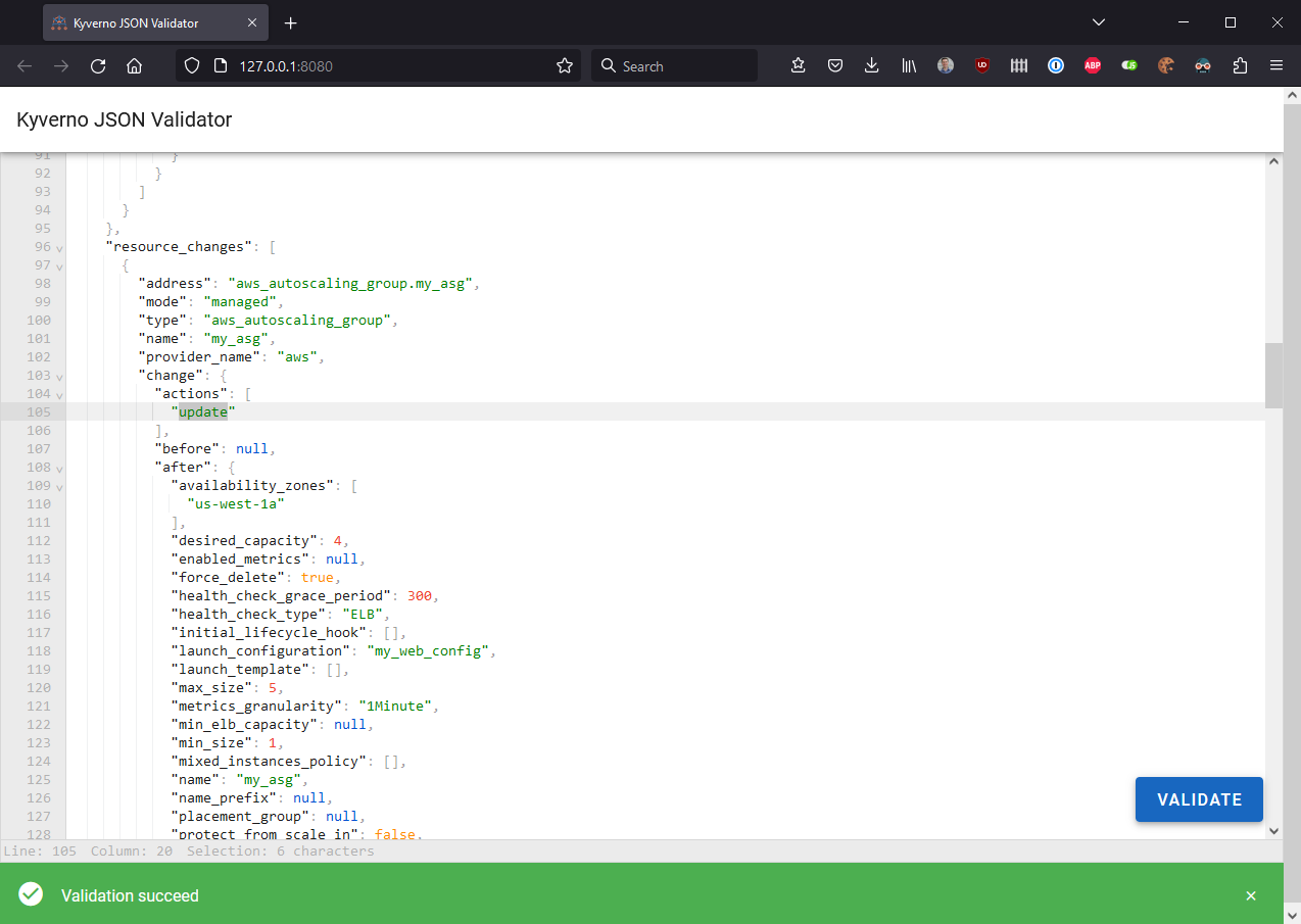 A successful validation in the json-validator UI.